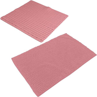 Urban Living Douche anti-slip en droogloop mat/tapijt - badkamer set - rubber/polyester - oud roze
