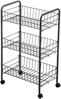 Urban Living Draadmanden trolley - metaal - zwart - met wielen - 38x26x60 cm - 3 niveaus