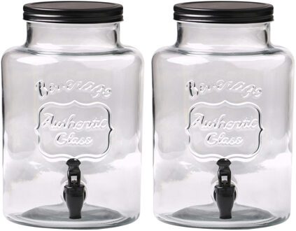 Urban Living Drank dispenser Beverages - 2x - 5.3 Liter - met metalen schroefdeksel en kraantje - glas - transpar
