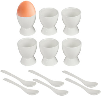 Urban Living Eierdopjes met eierlepels Ivory - set van 12x - keramiek - wit - 5 x 6 cm