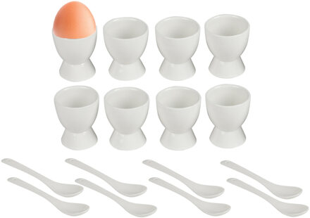 Urban Living Eierdopjes met eierlepels Ivory - set van 8x - keramiek - wit - 5 x 6 cm