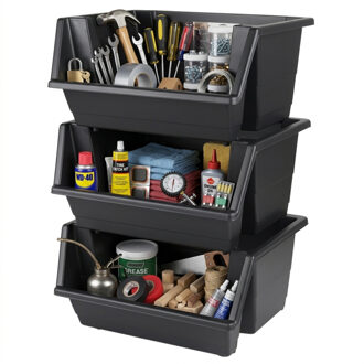 Urban Living Gereedschap Opberg bakken stapelbaar - 3x - 45 x 66 cm - zwart - kunststof