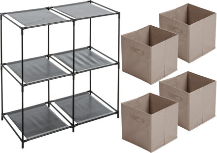 Urban Living Kastmandjes/opberg mandjes - beige - 4x stuks van 29 Liter - In rekje van 67 x 68 cm