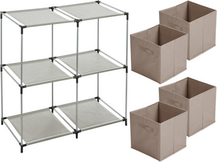 Urban Living Kastmandjes/opberg mandjes - beige - 4x stuks van 29 Liter - In rekje van 67 x 68 cm