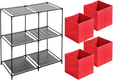 Urban Living Kastmandjes/opberg mandjes - rood - 4x stuks van 29 Liter - In rekje van 67 x 68 cm