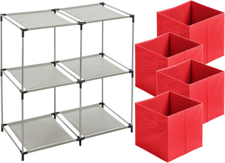 Urban Living Kastmandjes/opberg mandjes - rood - 4x stuks van 29 Liter - In rekje van 67 x 68 cm