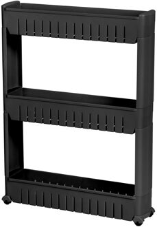 Urban Living Keuken/badkamer trolley - 3 lagen - kunststof - zwart - met wielen - L54 x B12 x H71 cm
