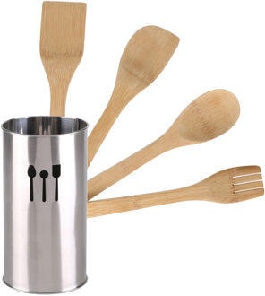 Urban Living Keukengerei - houten spatels set 4-delig in RVS houder - Keuken pollepels/spatel