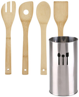 Urban Living Keukengerei - houten spatels set 4-delig - RVS houder - Keuken pollepels/spatel