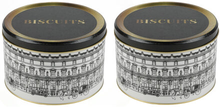 Urban Living Koektrommel - 2x - voorraadblik Biscuits - Versailles - metaal - wit/zwart - 17 x 11 cm