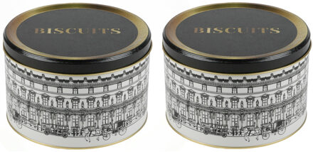 Urban Living koektrommel/voorraadblik Biscuits - 2x - Versailles - metaal - wit/zwart - 17 x 11 cm