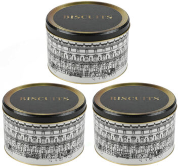 Urban Living koektrommel/voorraadblik Biscuits - 3x - Versailles - metaal - wit/zwart - 17 x 11 cm