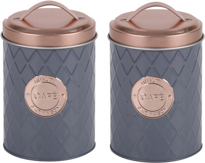 Urban Living Koffie bewaarblik - 2x - metaal - grijs/ros? - 11 x 16 cm - cups/bonen/filterkoffie