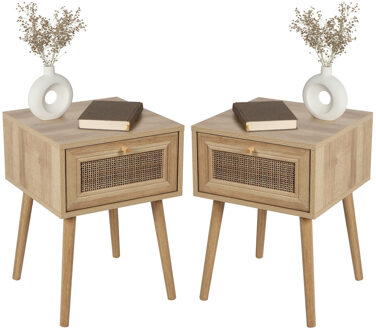 Urban Living Nachtkastje Bali - 2x - Ibiza stijl - hout - met lade - 39 x 39 x 57 cm