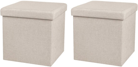 Urban Living Poef/hocker - 2x - opbergbox zit krukje - beige - linnen/mdf - 37 x 37 cm - opvouwbaar