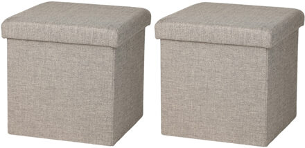 Urban Living Poef/hocker - 2x - opbergbox zit krukje - beige - polyester/mdf - 38 x 38 cm - opvouwbaar - Poefs