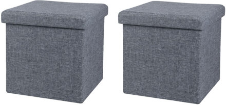 Urban Living Poef/hocker - 2x - opbergbox zit krukje - grijs - linnen/mdf - 37 x 37 cm - opvouwbaar