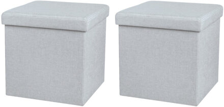 Urban Living Poef/hocker - 2x - opbergbox zit krukje - lichtgrijs - linnen/mdf - 37 x 37 cm - opvouwbaar