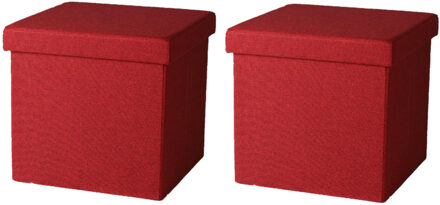 Urban Living Poef/hocker - 2x - opbergbox zit krukje - rood - linnen/mdf - 37 x 37 cm - opvouwbaar - Poefs