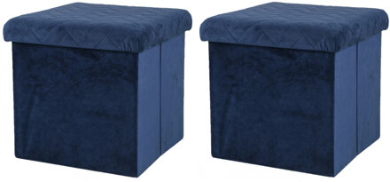 Urban Living Poef/hocker - 2x - opbergbox zit krukje - velvet donkerblauw - polyester/mdf - 38 x 38 cm - opvouwbaar - Po