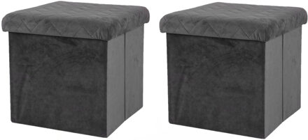 Urban Living Poef/hocker - 2x - opbergbox zit krukje - velvet donkergrijs - polyester/mdf - 38 x 38 cm - opvouwbaar - Po