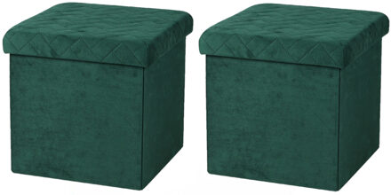 Urban Living Poef/hocker - 2x - opbergbox zit krukje - velvet donkergroen - polyester/mdf - 38 x 38 cm - opvouwba