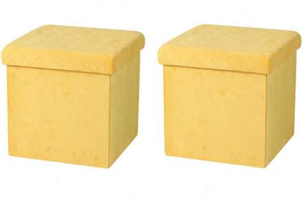 Urban Living Poef/hocker - 2x - opbergbox zit krukje - velvet geel - polyester/mdf - 38 x 38 cm - opvouwbaar