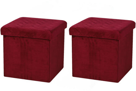 Urban Living Poef/hocker - 2x - opbergbox zit krukje - velvet rood - polyester/mdf - 38 x 38 cm - opvouwbaar - Poefs