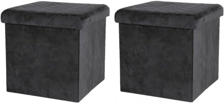 Urban Living Poef/hocker - 2x - opbergbox zit krukje - velvet zwart - polyester/mdf - 38 x 38 cm - opvouwbaar