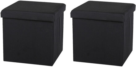Urban Living Poef/hocker - 2x - opbergbox zit krukje - zwart - linnen/mdf - 37 x 37 cm - opvouwbaar