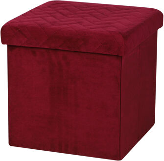 Urban Living Poef/hocker - opbergbox zit krukje - velvet rood - polyester/mdf - 38 x 38 cm - opvouwbaar - Poefs