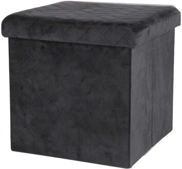 Urban Living Poef/hocker - opbergbox zit krukje - velvet zwart - polyester/mdf - 38 x 38 cm - opvouwbaar - Poefs