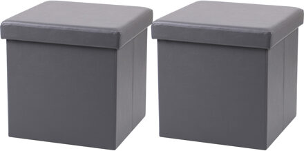 Urban Living Poef Leather BOX - 2x - hocker - opbergbox - grijs - PU/mdf - 38 x 38 cm - opvouwbaar - Poefs