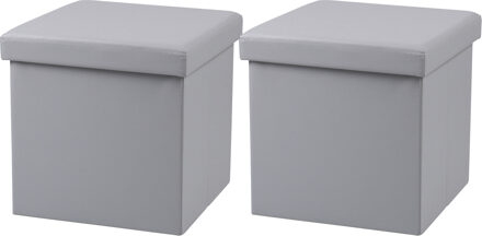 Urban Living Poef Leather BOX - 2x - hocker - opbergbox - lichtgrijs - PU/mdf - 38 x 38 cm - opvouwbaar - Poefs