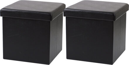 Urban Living Poef Leather BOX - 2x - hocker - opbergbox - zwart - PU/mdf - 38 x 38 cm - opvouwbaar - Poefs