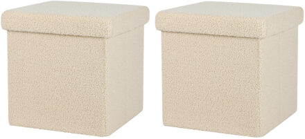 Urban Living Poef Teddy BOX - 2x - hocker - opbergbox - beige - polyester/mdf - 38 x 38 cm - opvouwbaar - Poefs