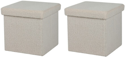 Urban Living Poef Teddy BOX - 2x - hocker - opbergbox - creme wit - polyester/mdf - 38 x 38 cm - opvouwbaar - Poefs