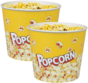 Urban Living Popcorn bak - 2x - geel print - kunststof - D14 - 2.2 liter - herbruikbaar - Snack en tapasschalen