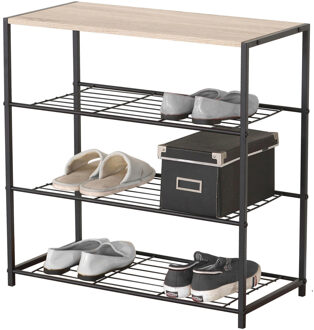 Urban Living Schoenenrek - metaal/hout 3-laags - 63 x 30 x 63 cm - zwart/naturel