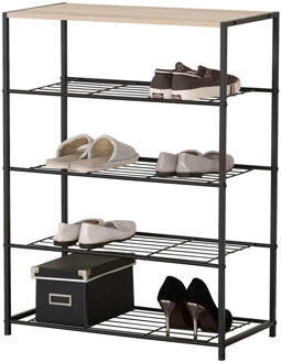 Urban Living Schoenenrekje van metaal/hout - 4-laags - 63 x 30 x 83 cm - schoenen opbergen - zwart/naturel