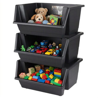 Urban Living Speelgoed opberg bakken - stapelbaar - 3x stuks - 45 x 66 cm - zwart