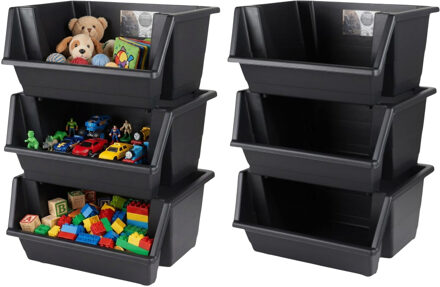 Urban Living Speelgoed opberg bakken - stapelbaar - 6x stuks - 45 x 66 cm - zwart