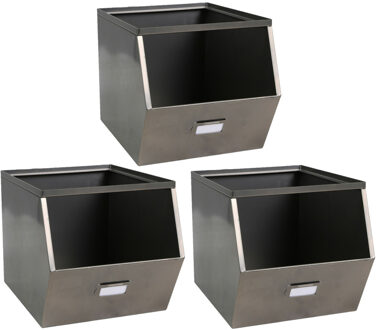Urban Living Stapelbare opbergmand - 3x - Open Metal Box - 23 x 32 x 21 cm - metaal - donkergrijs