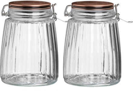 Urban Living Voorraadpot/bewaarpot - 2x - 1,5L - glas - met beugelsluiting - koperen deksel - Voorraadpot Goudkleurig