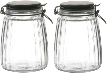 Urban Living Voorraadpot/bewaarpot - 2x - 1,5L - glas - met beugelsluiting - mat zwarte deksel - Voorraadpot