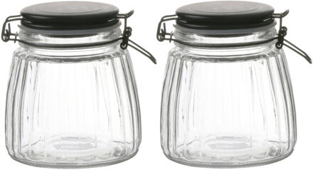 Urban Living Voorraadpot/bewaarpot - 2x - 1L - glas - met beugelsluiting - mat zwarte deksel - Voorraadpot