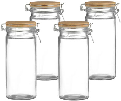 Urban Living Voorraadpot/bewaarpot - 4x - 1,3L - glas - met beugelsluiting - bamboe deksel - Voorraadpot Transparant