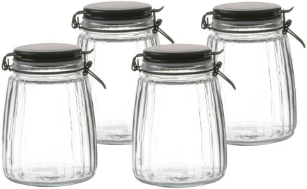 Urban Living Voorraadpot/bewaarpot - 4x - 1,5L - glas - met beugelsluiting - mat zwarte deksel - Voorraadpot