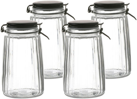 Urban Living Voorraadpot/bewaarpot - 4x - 1,8L - glas - met beugelsluiting - mat zwarte deksel - Voorraadpot