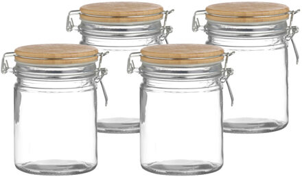 Urban Living Voorraadpot/bewaarpot - 4x - 700 ml - glas - met beugelsluiting - bamboe deksel - Voorraadpot Transparant